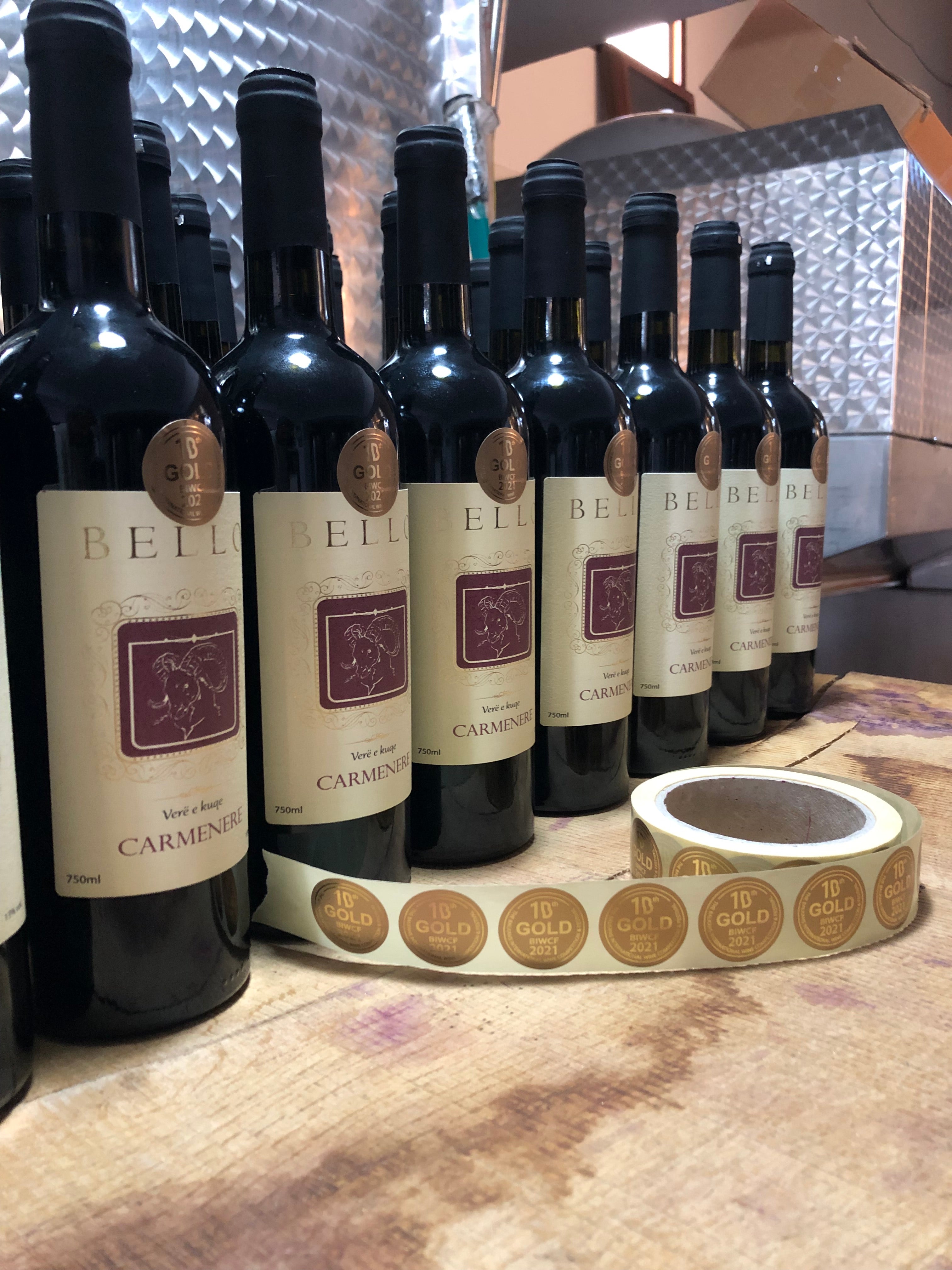 Gold medal winner Albanian red wine Carmenere produced by Bello Winery in Albania 